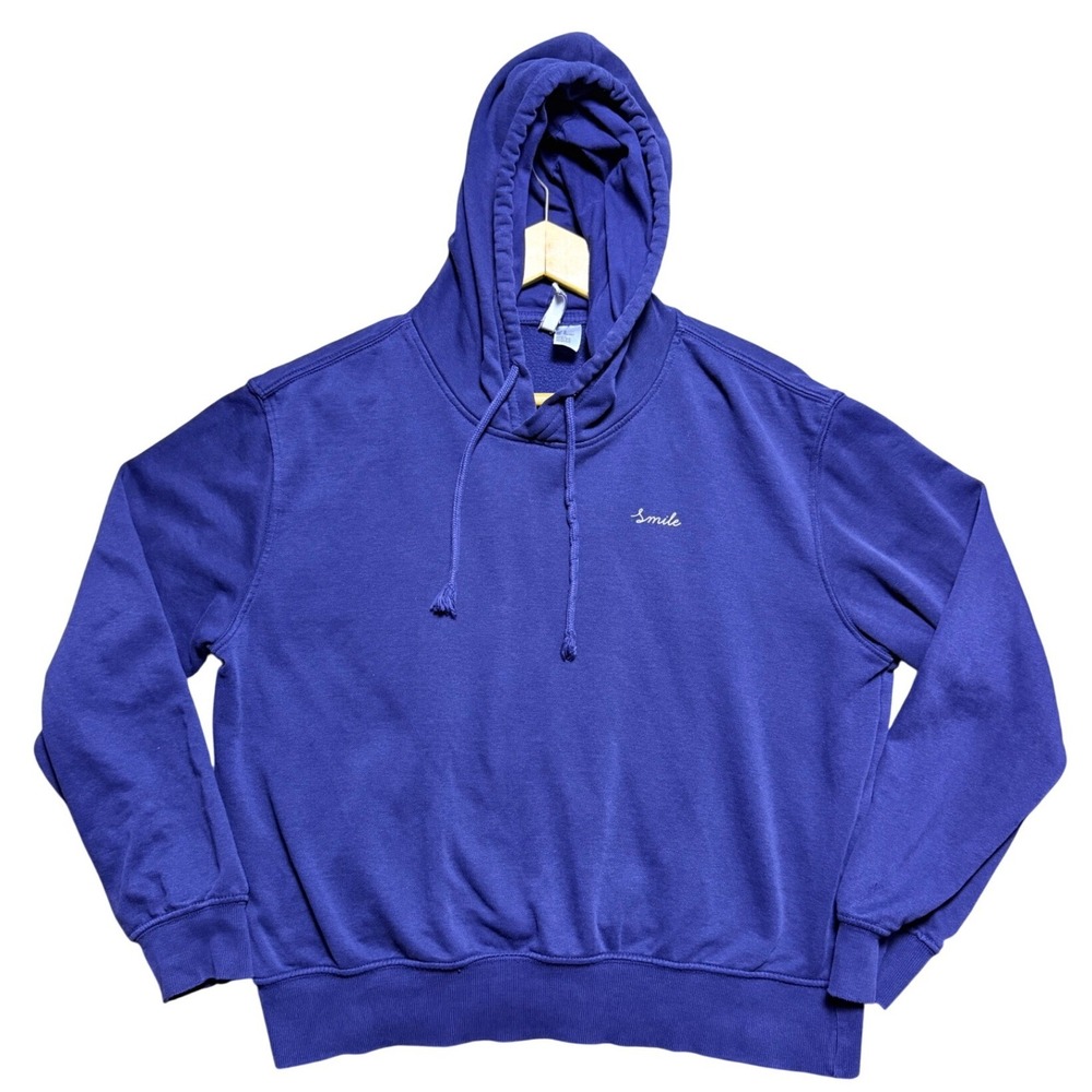 H&M Hoodie Mens Medium Divided Basic Blue Smile Embroidered EUC
